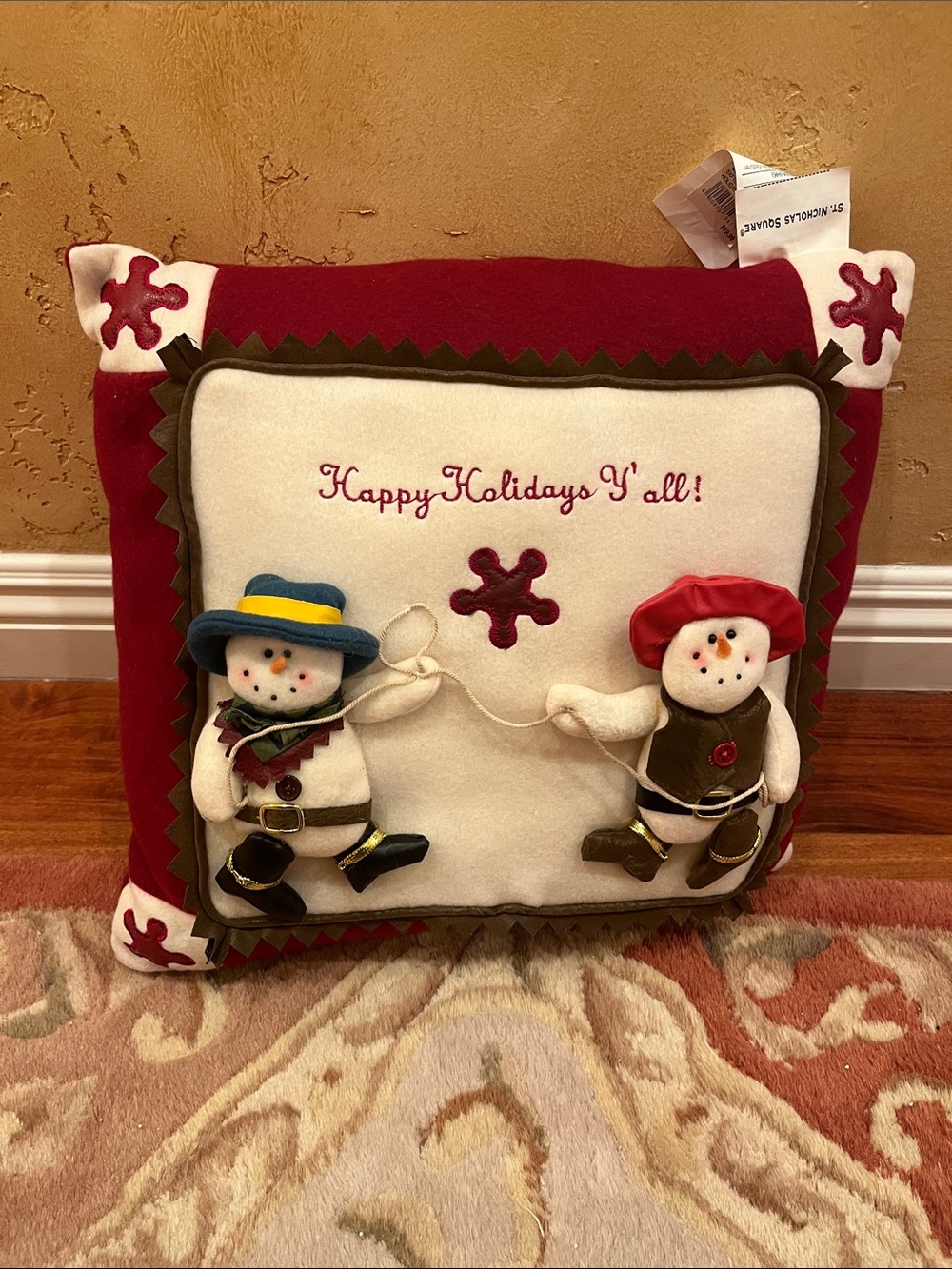 Happy Holidays Y'all! Embroidered Red & Cream Holiday Throw Pillow